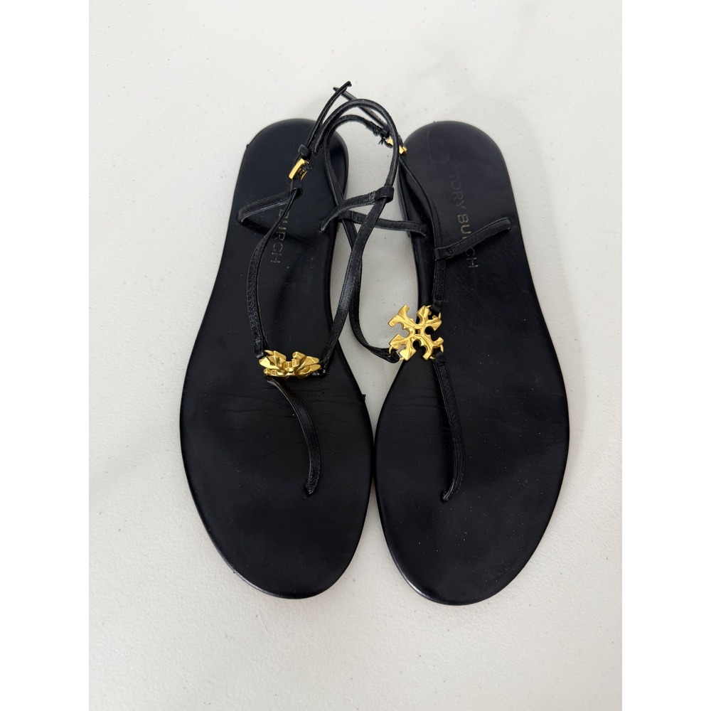 Tory Burch Capri Thong Sandals Black Leather Gold Double T Logo 9M 96555 - Picture 5 of 5